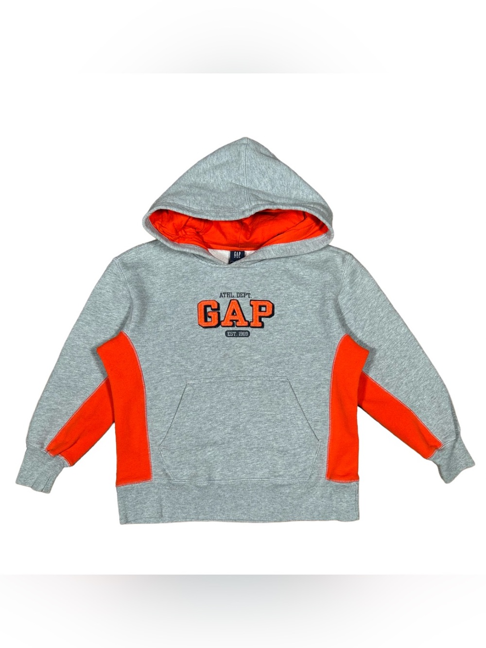 VINTAGE 90s GAP Boys Graphic Athletic Gray Kangaroo Pocket Hoodie S 5/6